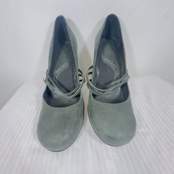 Diesel Suede Mary Jane Heels Women’s Size 11 Wood Stiletto Heel Gray Pump Shoes - Picture 8 of 10